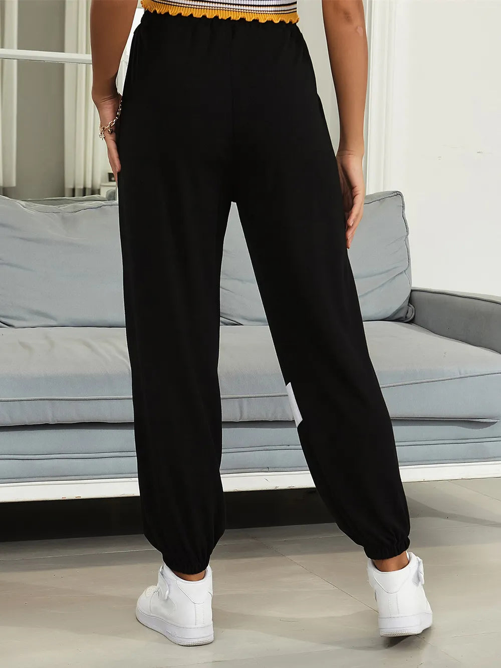 Women's Black Contrast Drawstring Joggers | Pockets, Poly-Cotton