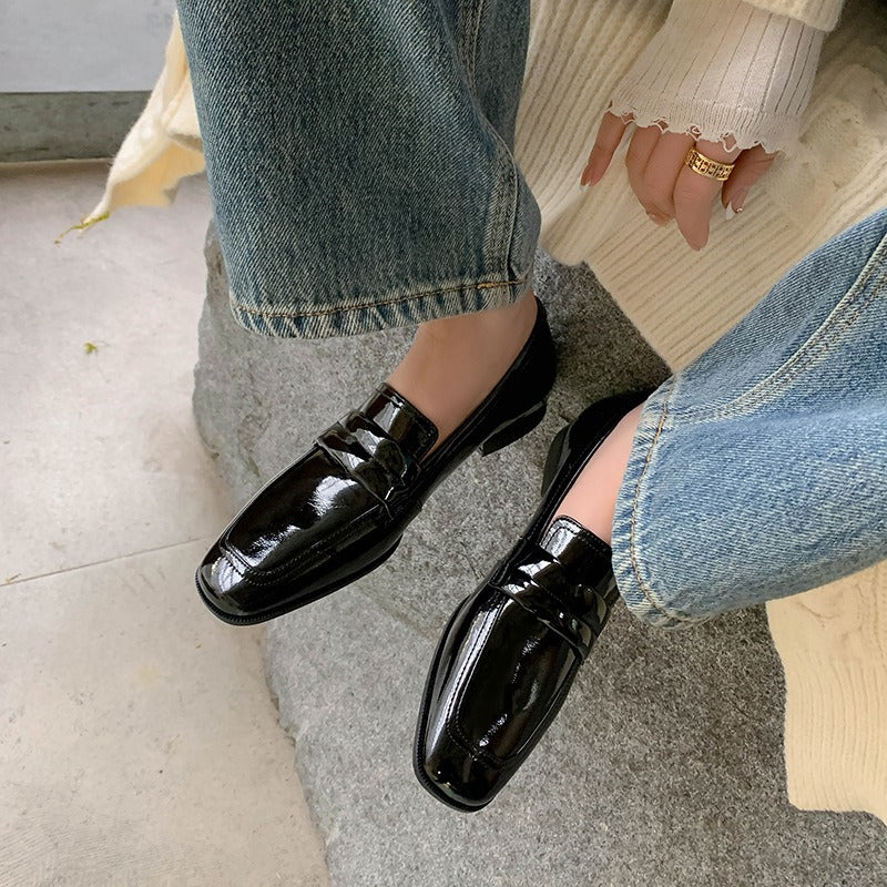 Women's Cowhide Leather Square Toe Loafers | Black, Gold, Silver