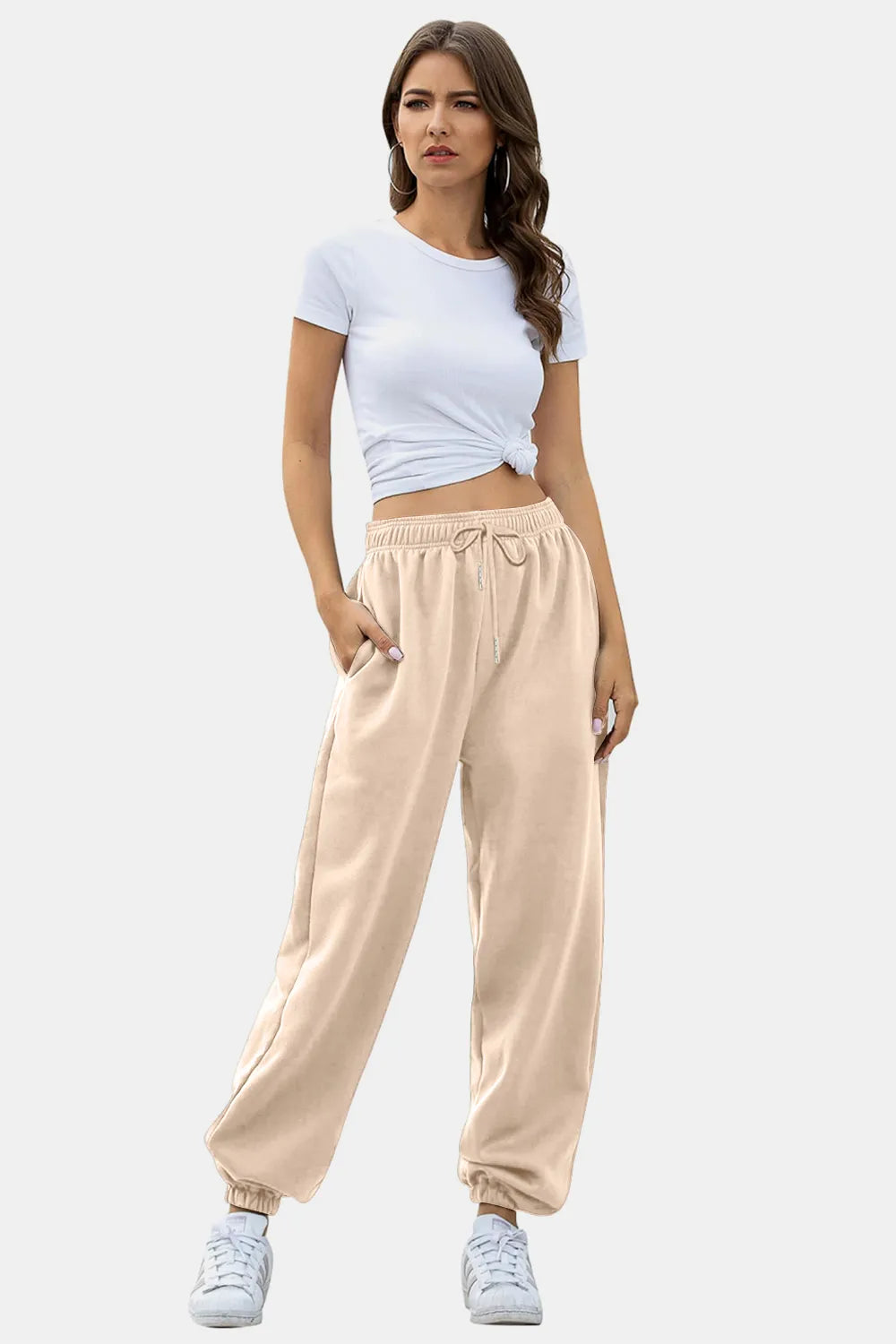 Women's High-Waist Drawstring Joggers | Pockets, Black/Gray/Tan