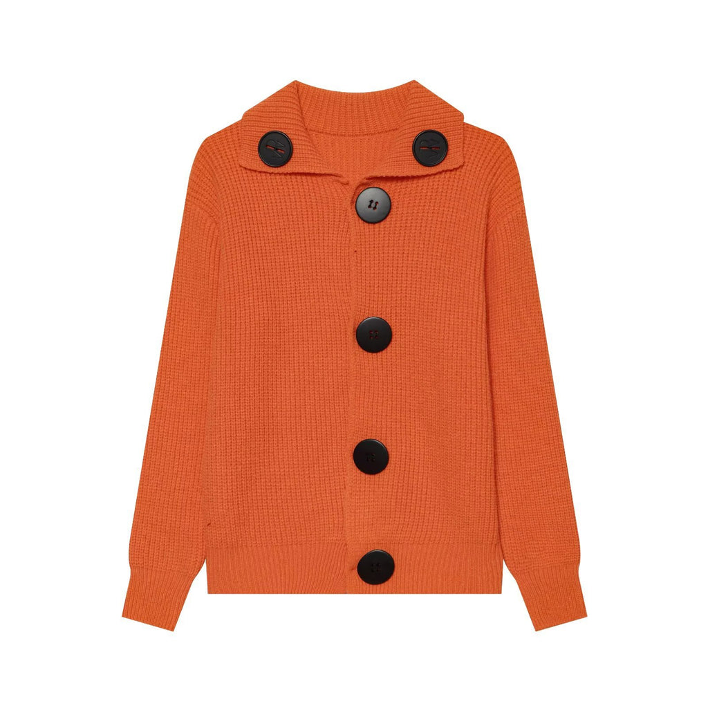Women's Lapel Knit Sweater Jacket | Black Buttons, Beige & Orange - Beige