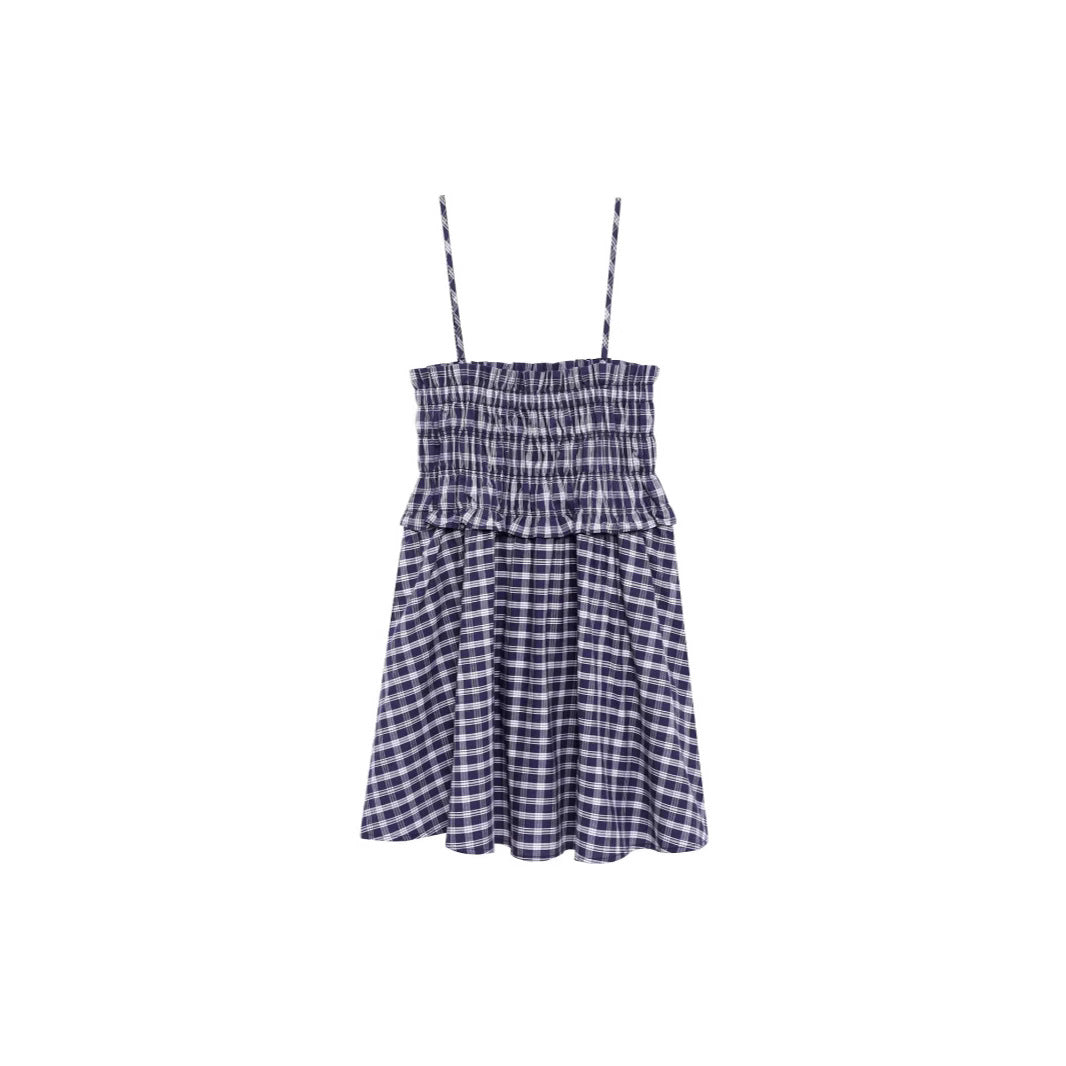 Women's Blue & White Plaid Strapless Dress | Cotton, Pleated