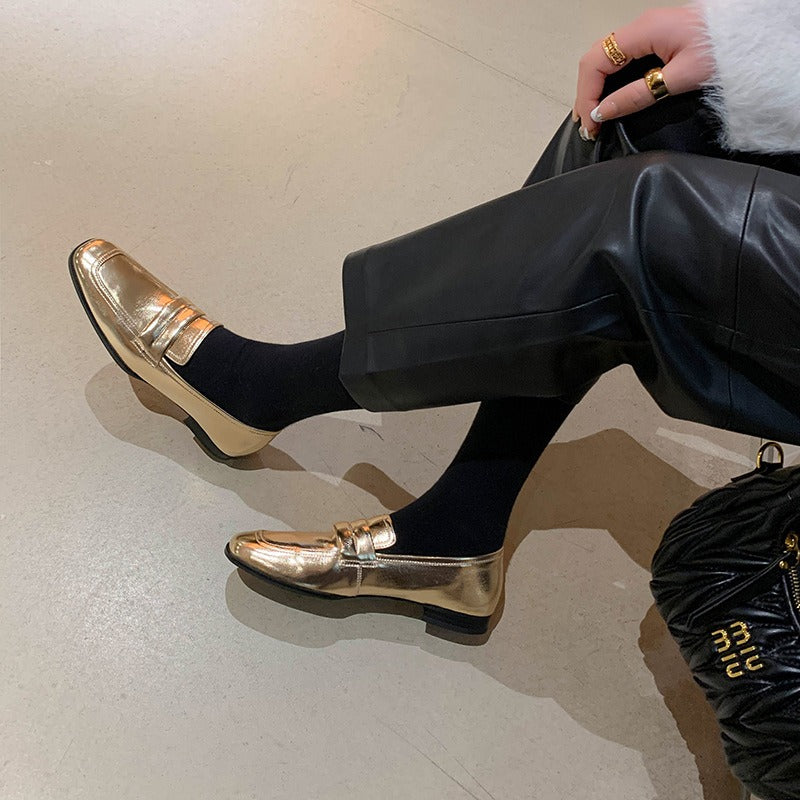 Women's Cowhide Leather Square Toe Loafers | Black, Gold, Silver