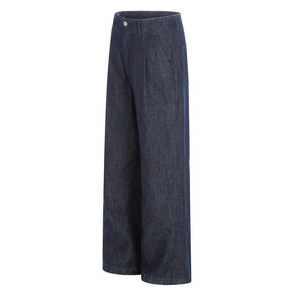 Women's Dark Blue Wide Leg Jeans | Washed Cotton Denim