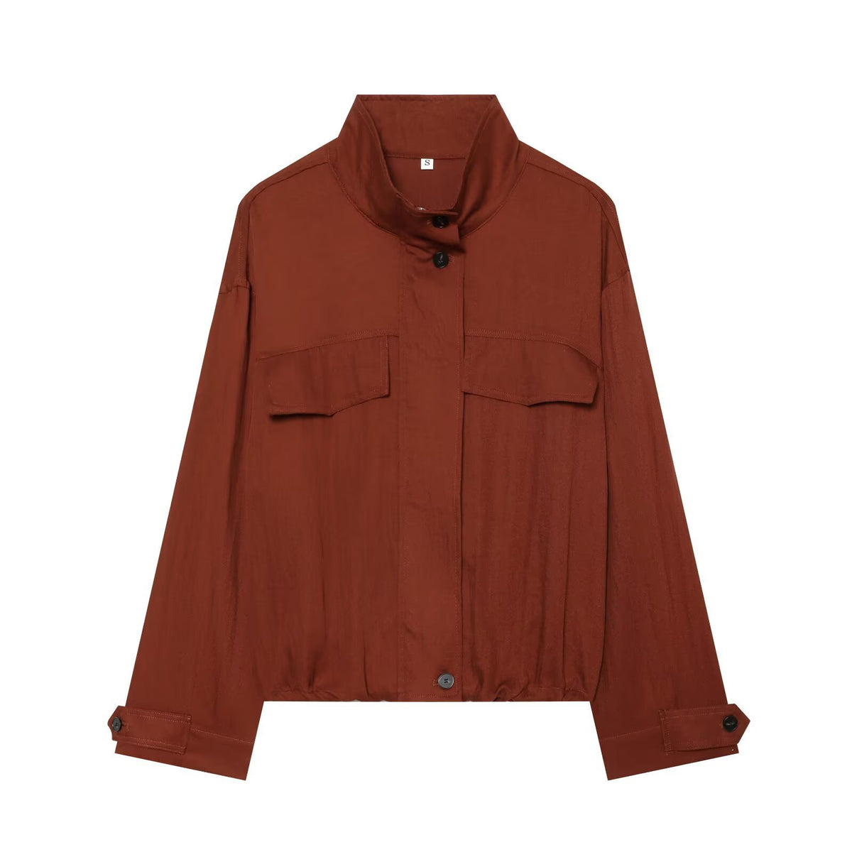 Women's Loose Stand Collar Zip Jacket | Pockets, Dark Red