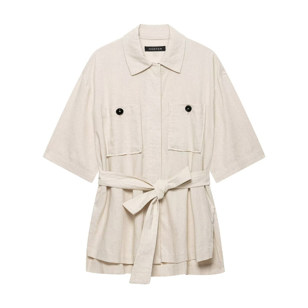 Women's Linen Belted Short Sleeve Jacket | Turn-Down Collar, Beige