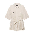 Women's Linen Belted Short Sleeve Jacket | Turn-Down Collar, Beige