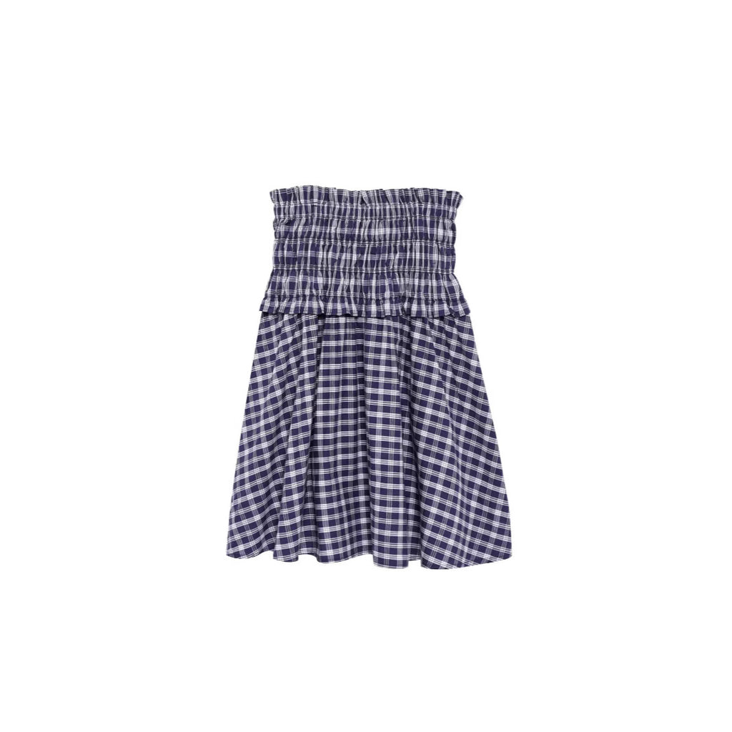 Women's Blue & White Plaid Strapless Dress | Cotton, Pleated