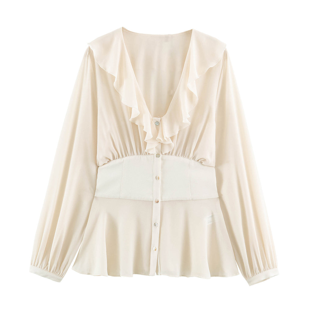 Women's & Men's Apricot V-Neck Shirt | Layered Folded Waist