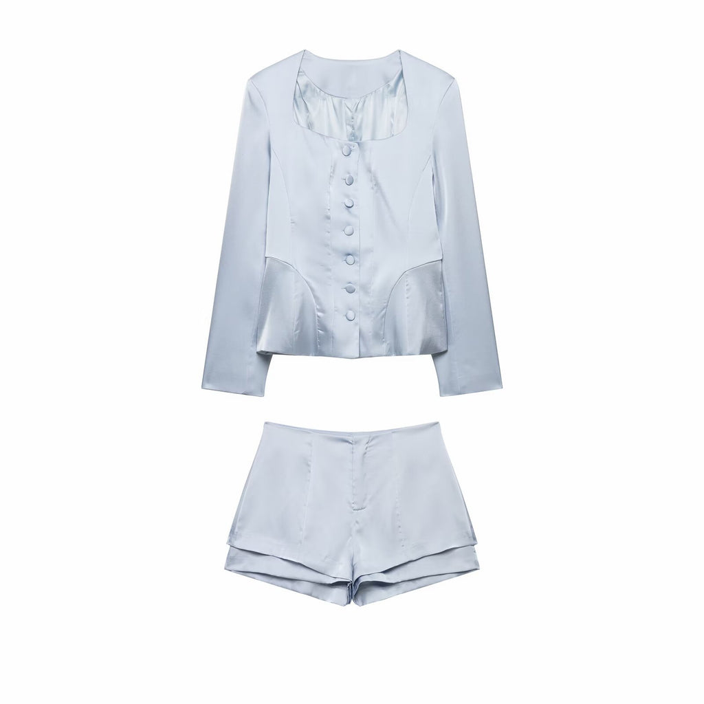 Women's Square Collar Jacket & Shorts Set | Light Blue