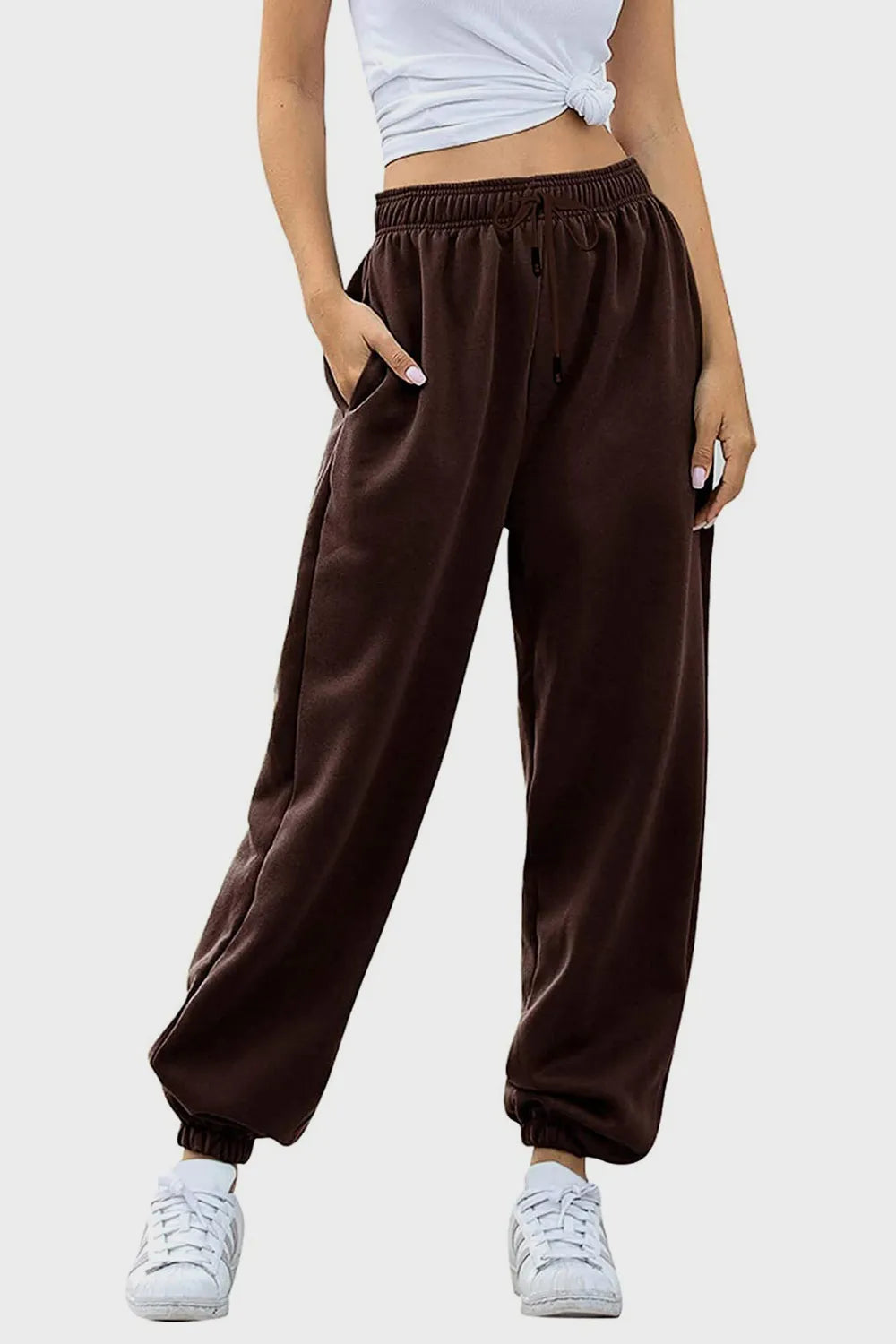 Women's High-Waist Drawstring Joggers | Pockets, Black/Gray/Tan