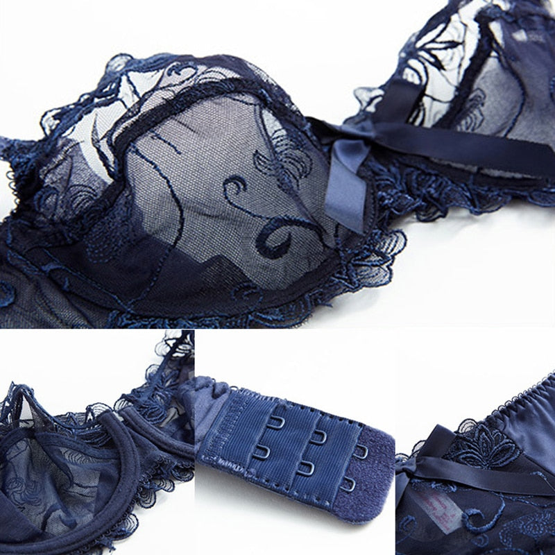 Women's Floral Embroidered Bra & Panty Set | Sheer Underwire, 3/4 Cup - Blue