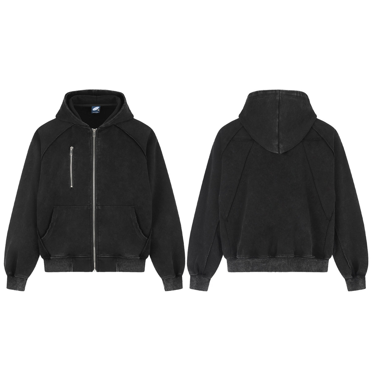 Women's Black Washed Zip-Up Hoodie | Printed, Loose Fit