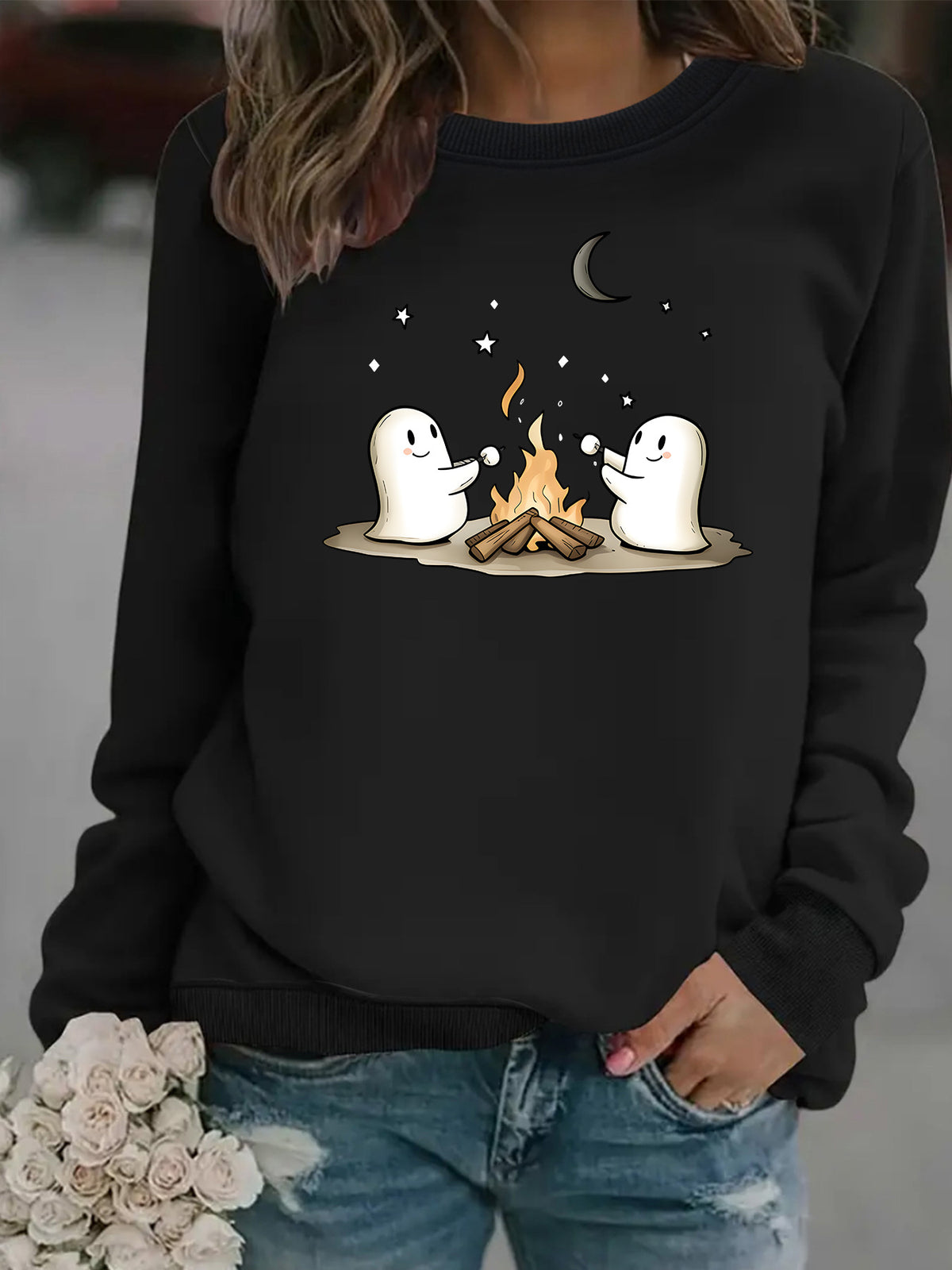 Printed Round-Neck Fleece Hoodie for Women - White