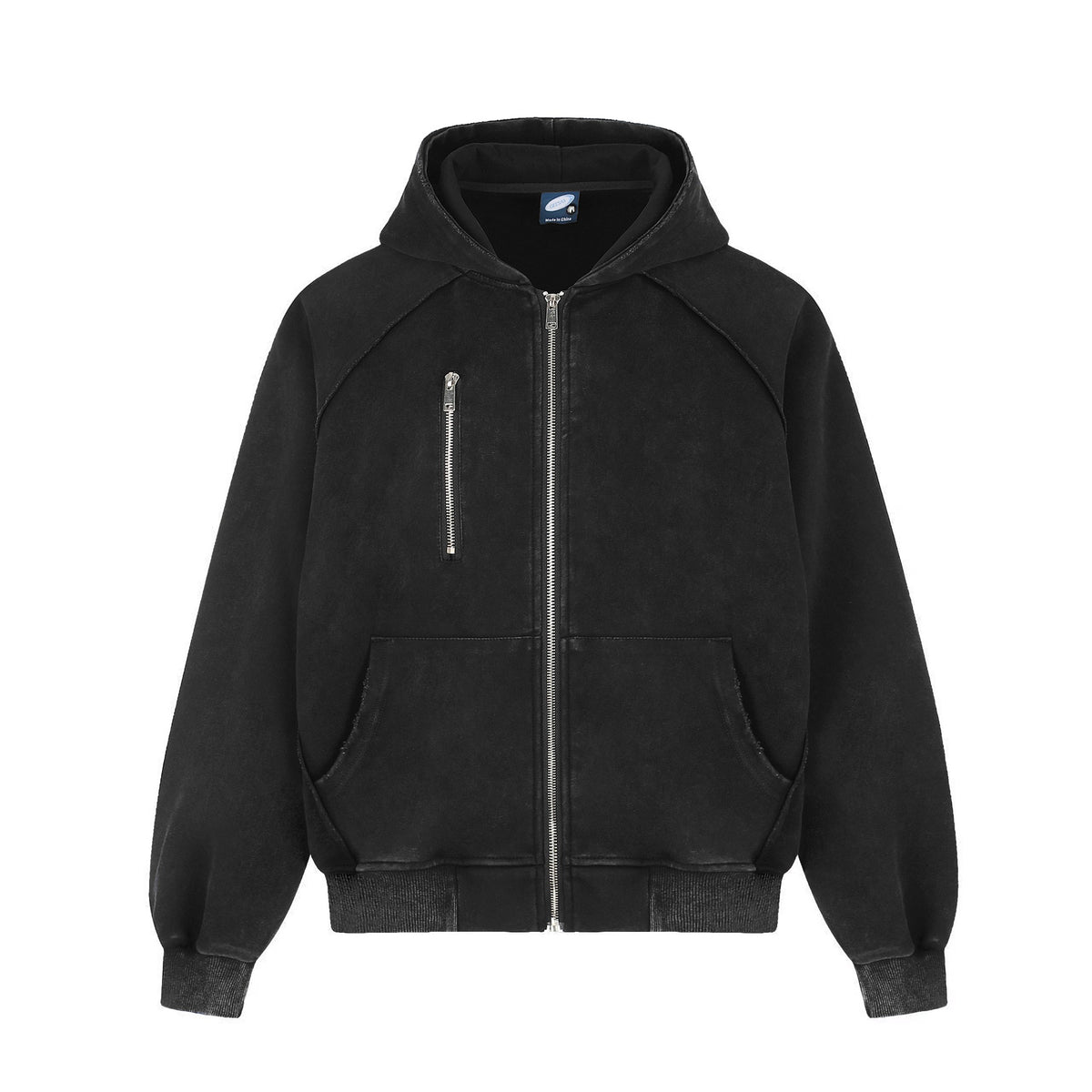 Women's Black Washed Zip-Up Hoodie | Printed, Loose Fit