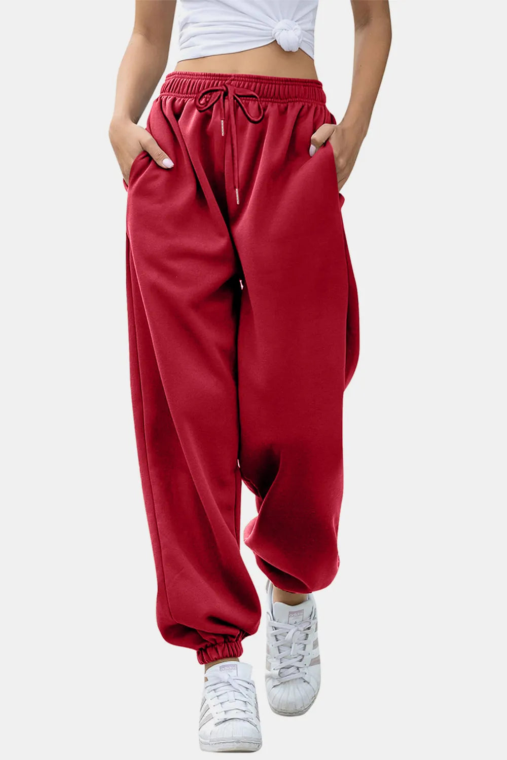 Women's High-Waist Drawstring Joggers | Pockets, Navy/Olive/Pink - Purple