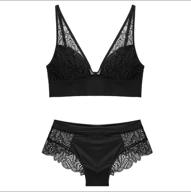 Women's Lace Wireless Bra & Brief Lingerie Set | Jacquard, 3 Colors