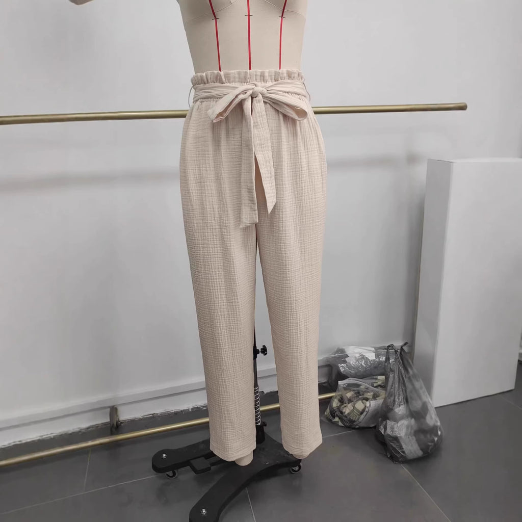 Women's Khaki Wide Leg Tie Pants | Rayon, Straight Fit