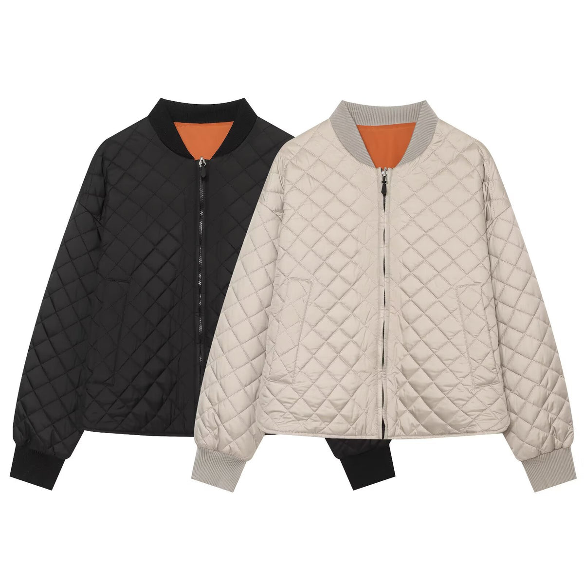 Women's Diamond Pattern Zip Jacket | Stand Collar, Beige & Black - Black