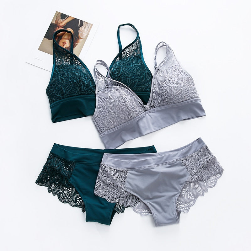 Women's Lace Wireless Bra & Brief Lingerie Set | Jacquard, 3 Colors