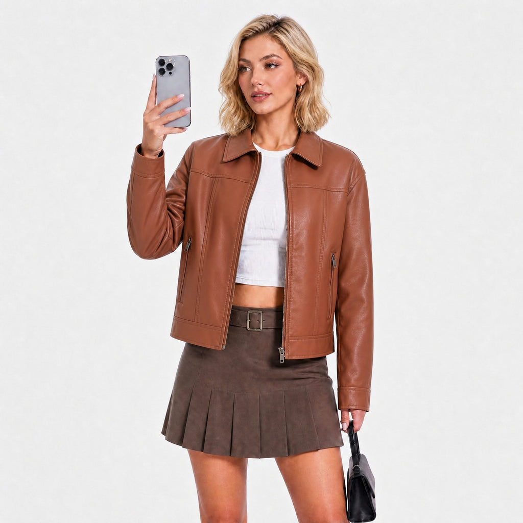 Women's PU Lapel Collar Zip Jacket | Black, Coffee, Camel