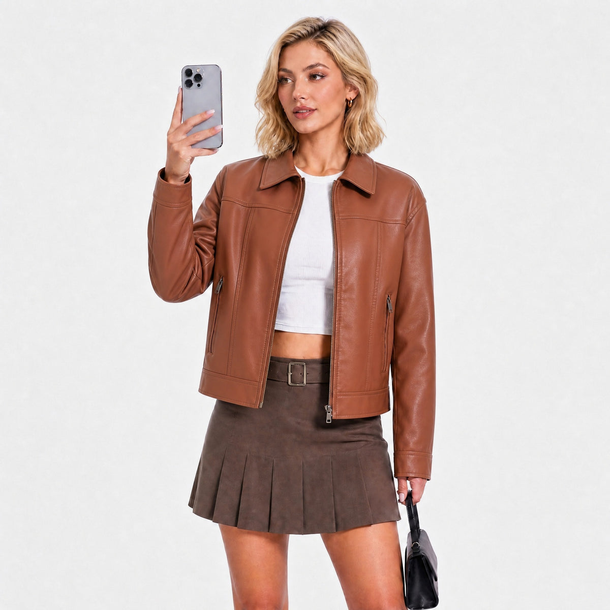 Women's PU Lapel Collar Zip Jacket | Black, Coffee, Camel