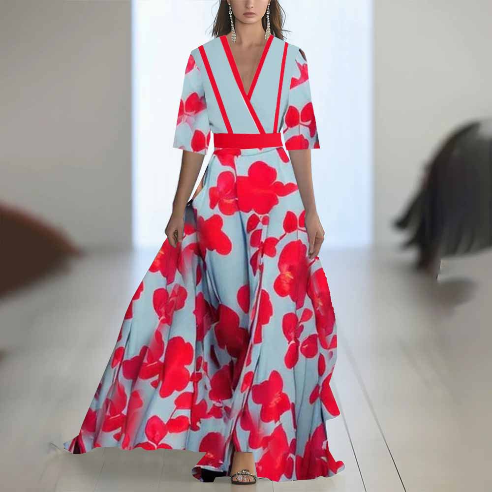 Women's Floral Print Long Sleeve Maxi Dress | A-Line, 10 Colors - Khaki