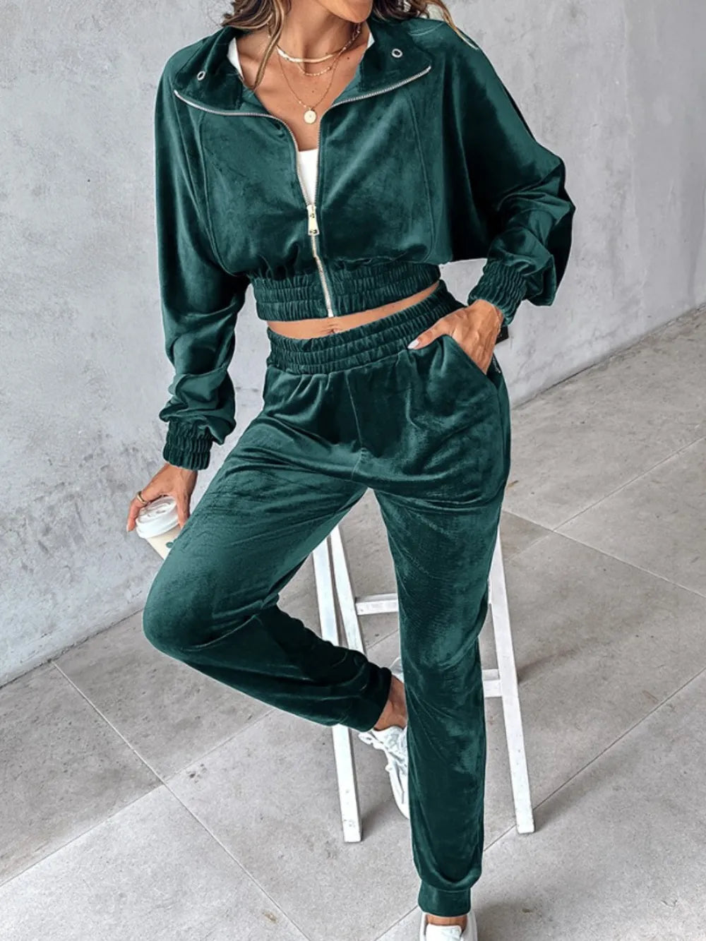 Zip Up Long Sleeve Cropped Top and Joggers Set - Deep Teal