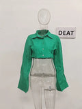 Women's Green Patchwork Short Shirt Top | Cotton, Long Sleeve