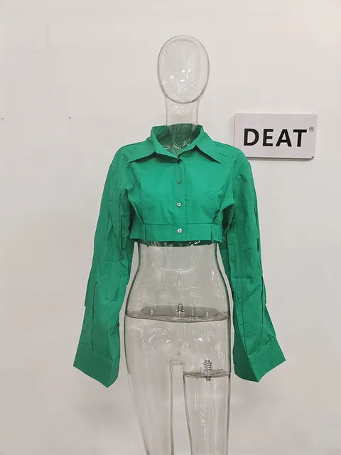 Women's Green Patchwork Short Shirt Top | Cotton, Long Sleeve