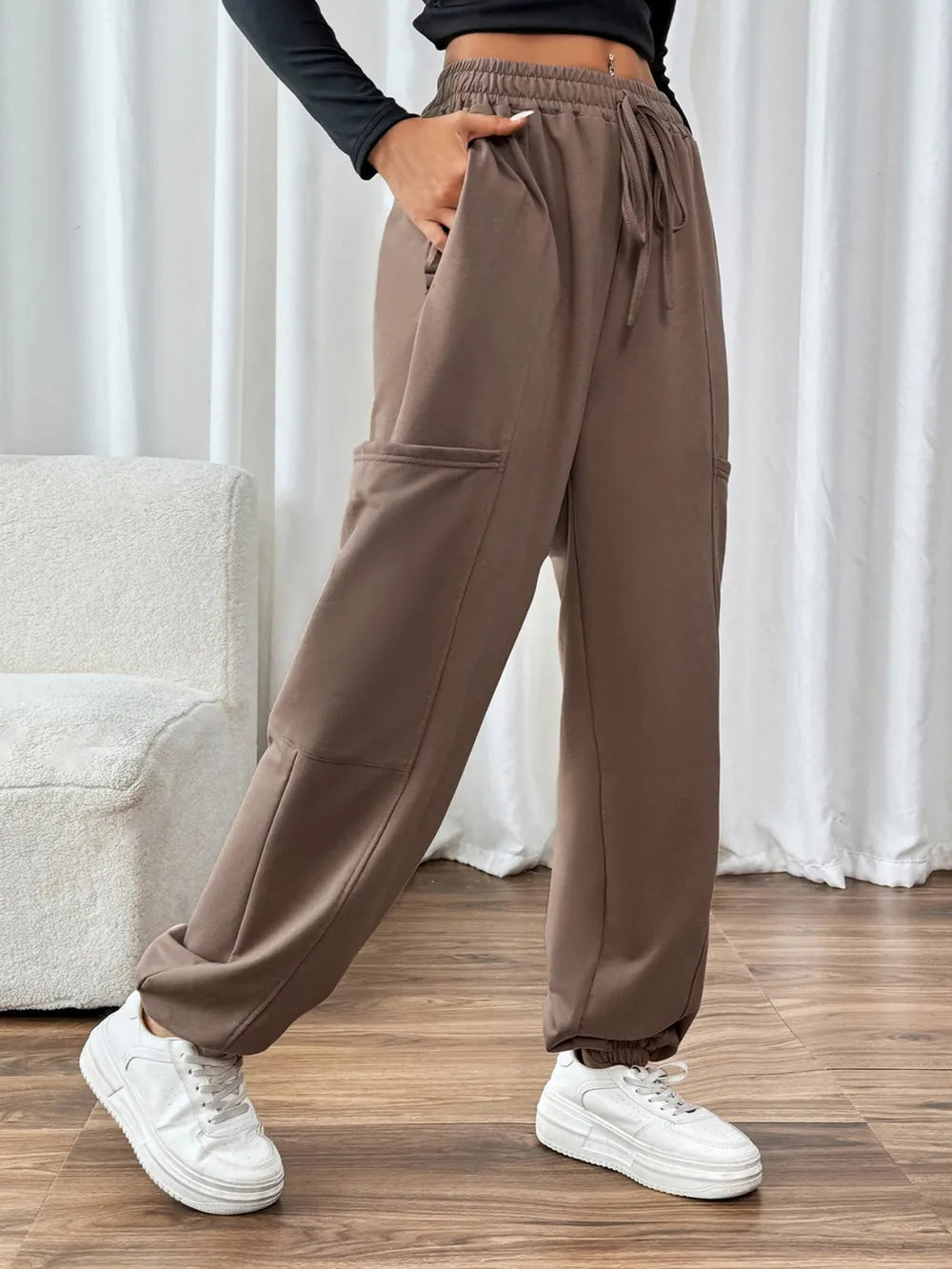 Women's Taupe Tied Joggers | Cotton Blend with Pockets