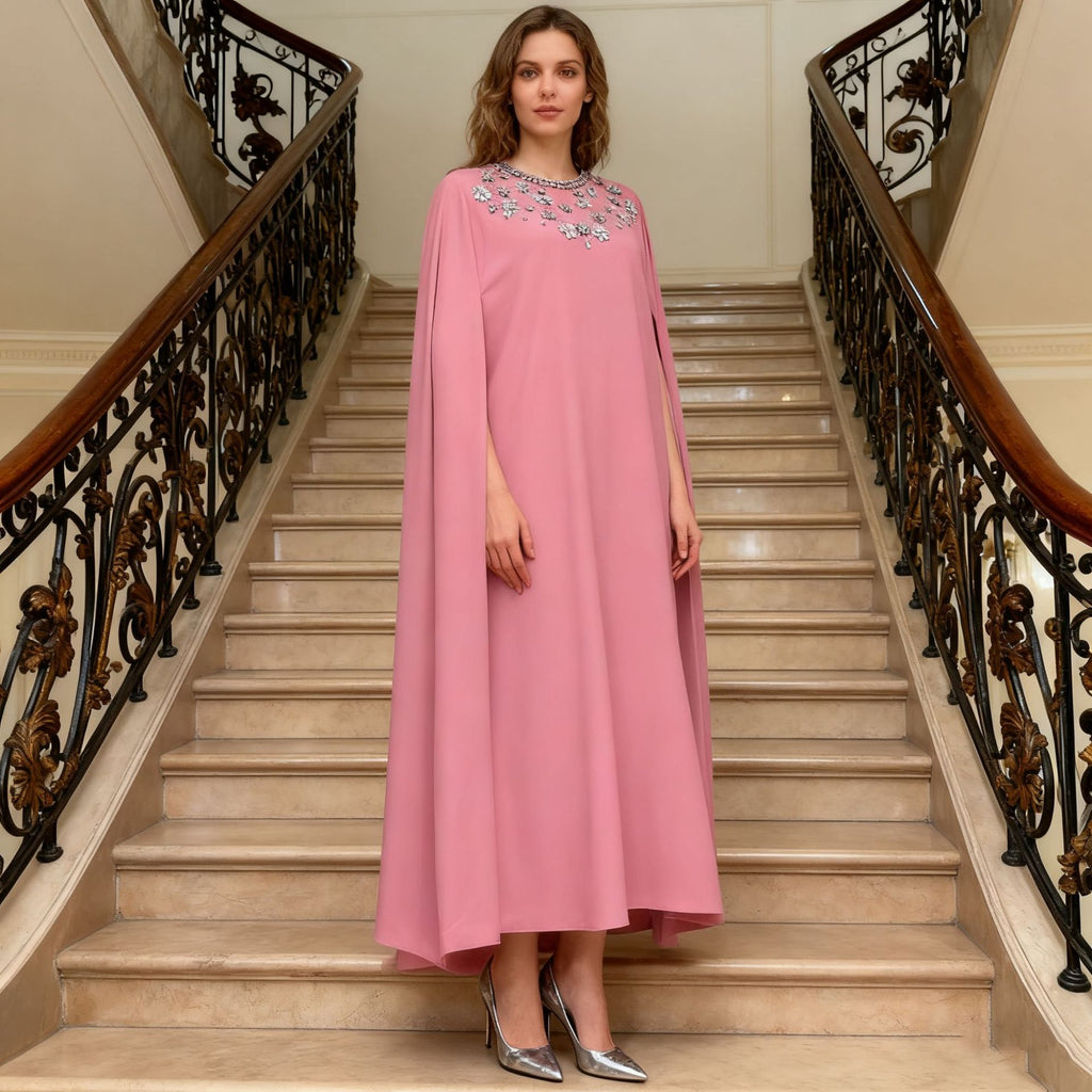 Women's Pink Cape Dress | Long-Sleeve with Rhinestone Detail, One Size