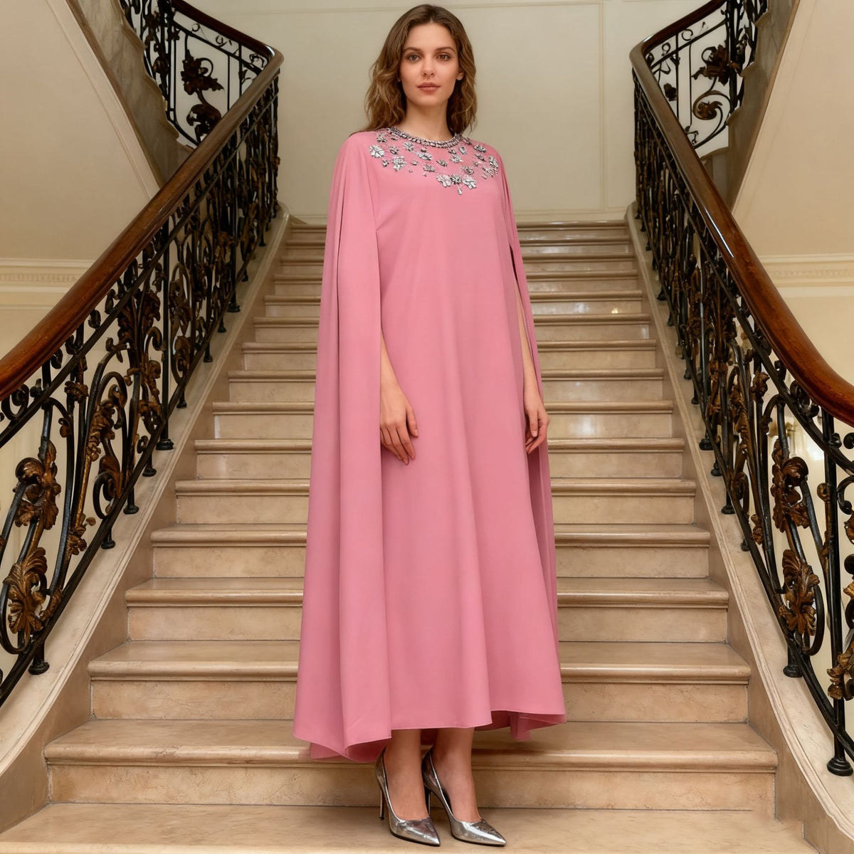 Women's Pink Cape Dress | Long-Sleeve with Rhinestone Detail, One Size