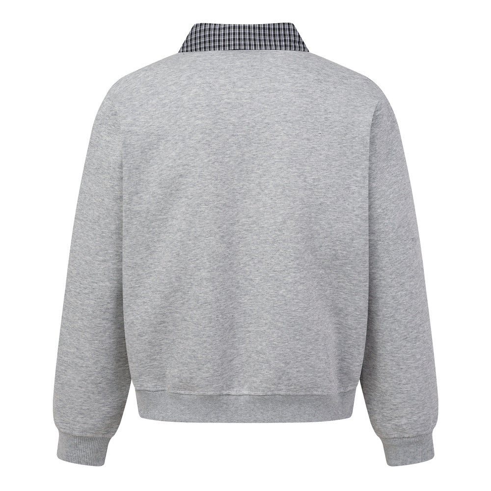 Faux Two-Piece Cross Collar Sweatshirt | Button Detail, Grid Pattern - Black