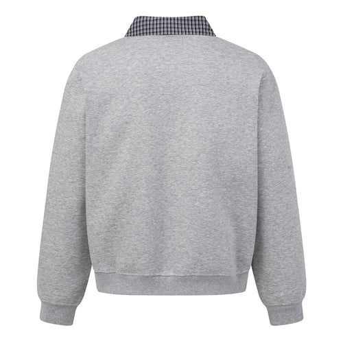 Faux Two-Piece Cross Collar Sweatshirt | Button Detail, Grid Pattern - Black