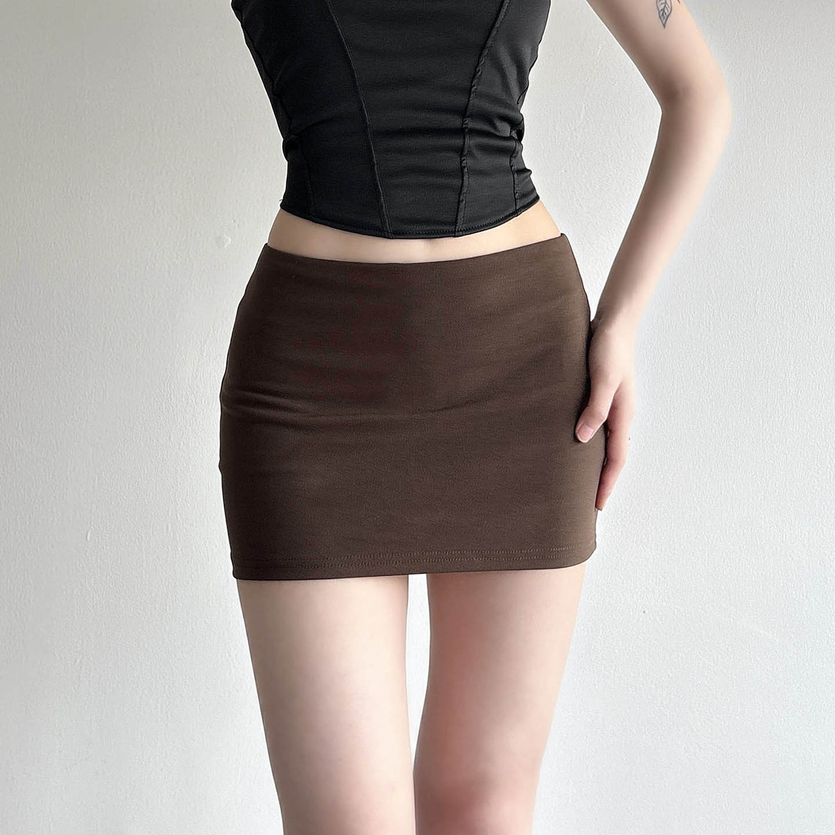 Women's Brown Bodycon Mini Skirt | Stretch Polyester