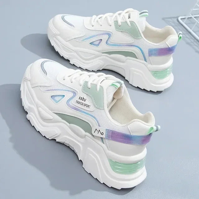 Women's Chunky Platform Sneakers | Lace-Up, Beige, Black or White