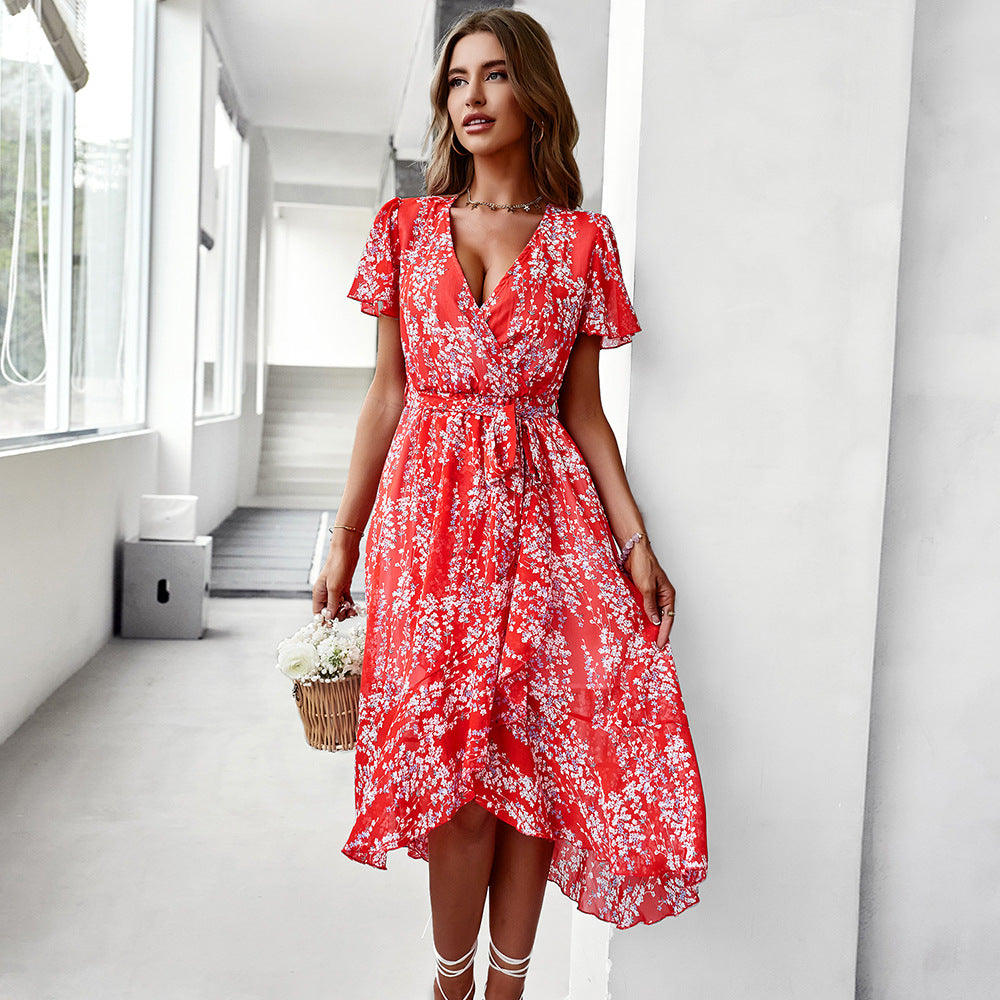 Women's Printed V-Neck Flare Dress | High Waist, Short Sleeve