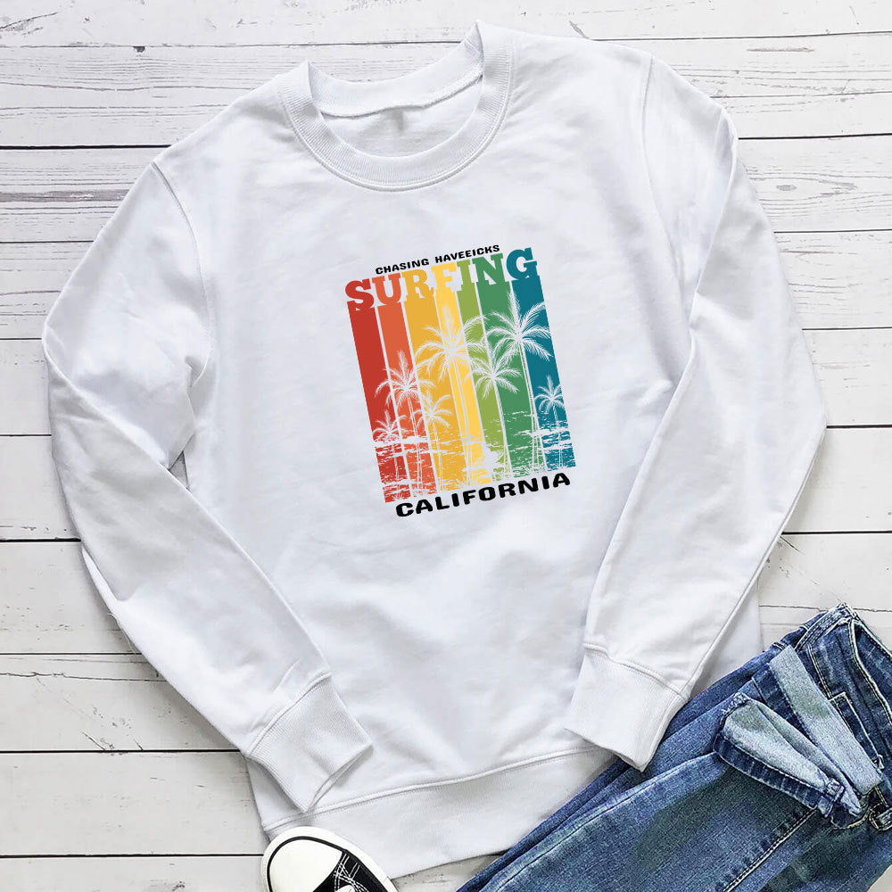 Women's Printed Crewneck Hoodie | Loose Cotton Pullover, 7 Colors