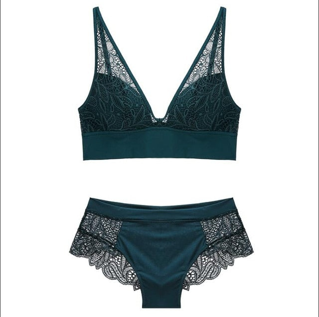 Women's Lace Wireless Bra & Brief Lingerie Set | Jacquard, 3 Colors