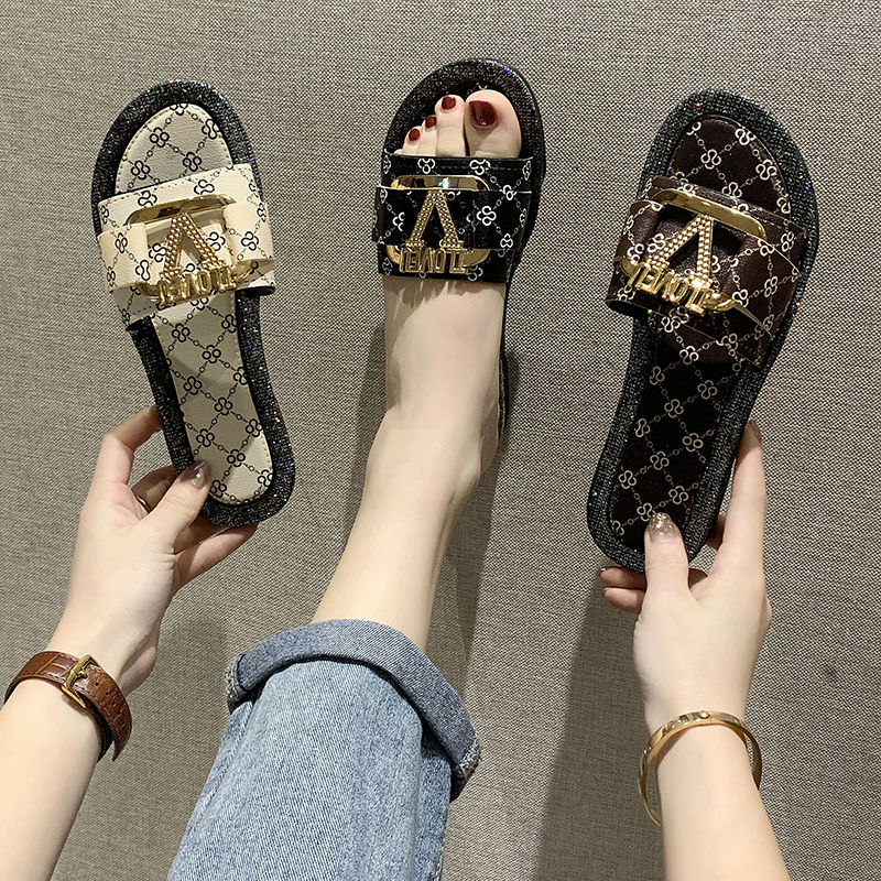 Women's Flat Flip Flop Sandals | Metal Letter Detail, 3 Colors
