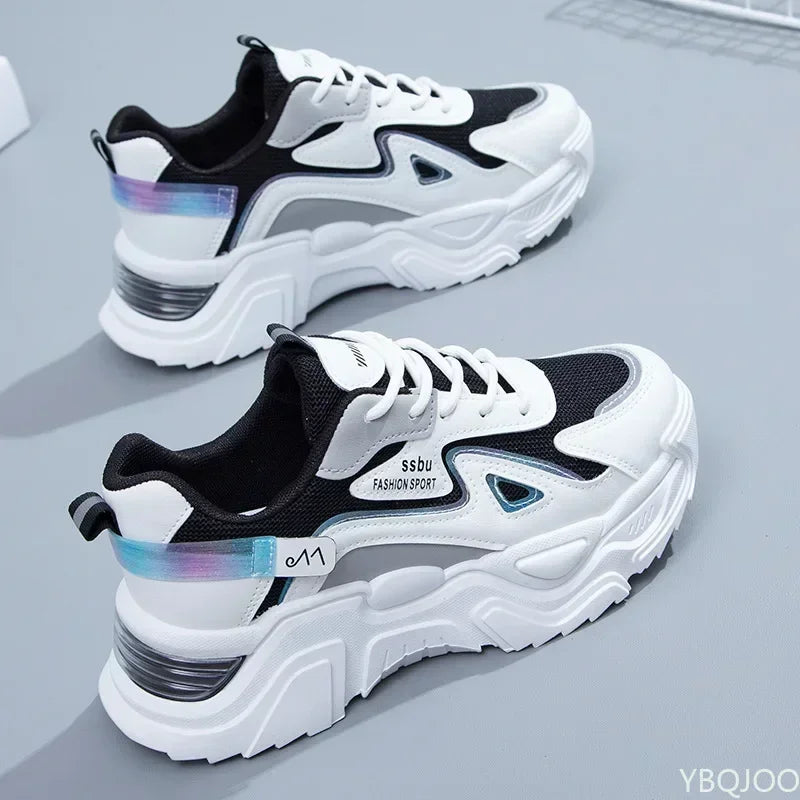 Women's Chunky Platform Sneakers | Lace-Up, Beige, Black or White