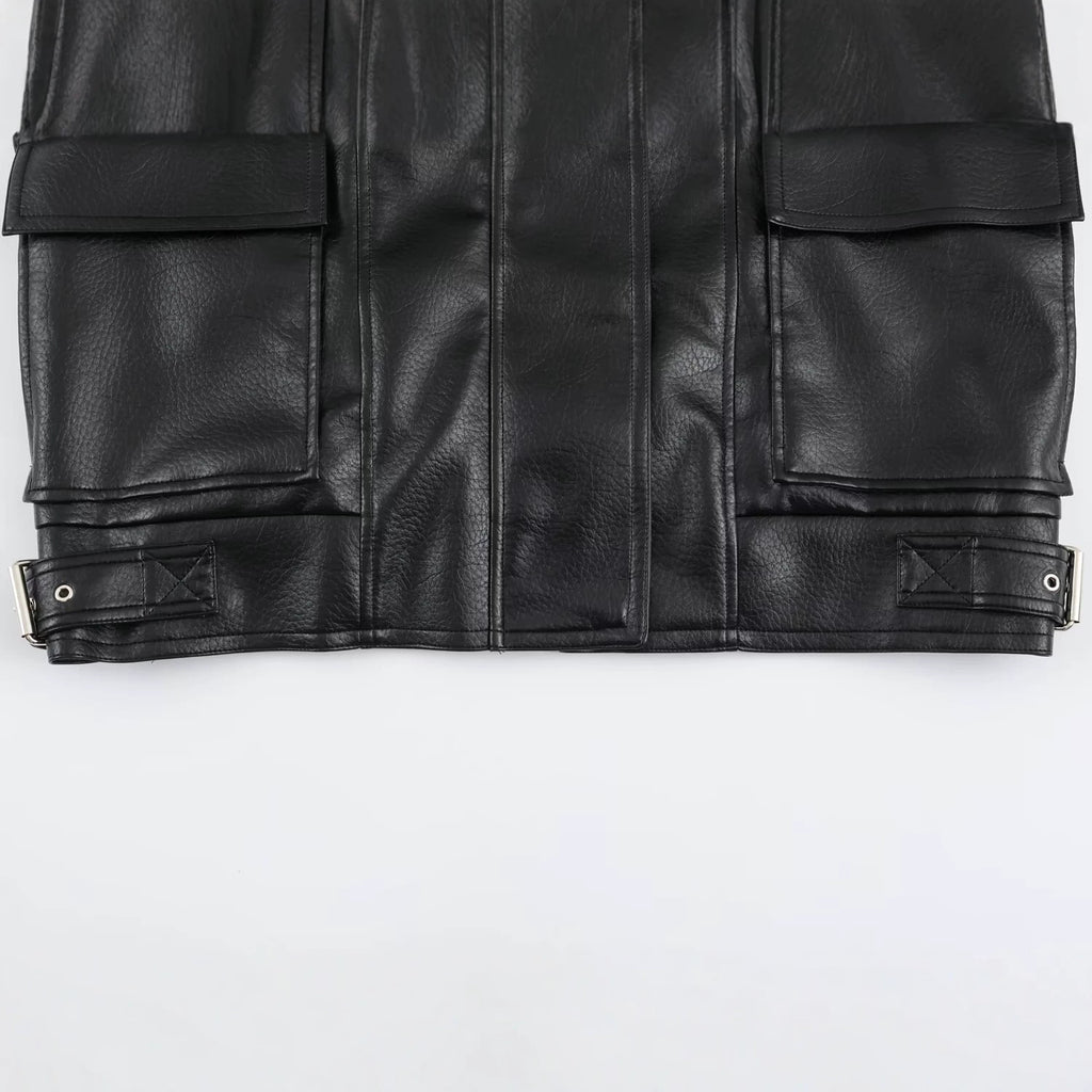 Women's Faux Leather Zip Jacket | Stand Collar, Pockets, Black