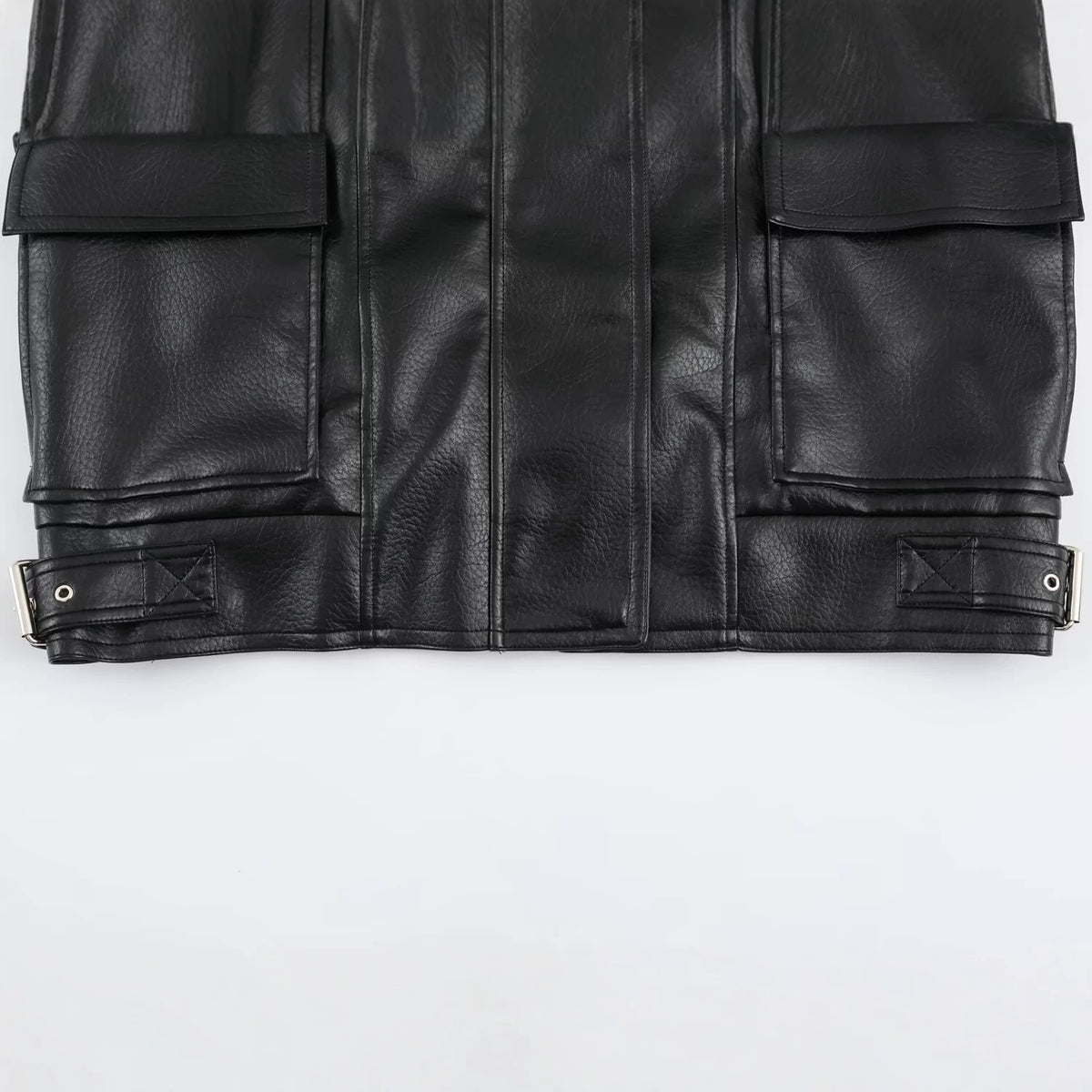 Women's Faux Leather Zip Jacket | Stand Collar, Pockets, Black