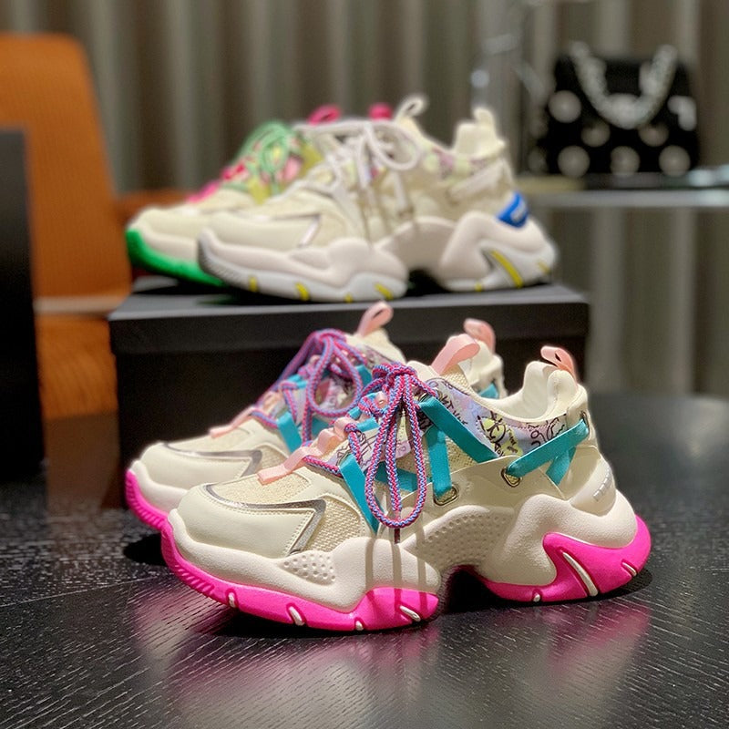 Women's Mesh Chunky Platform Sneakers | Lace-Up, Green or Pink
