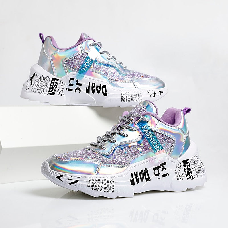 Women's Sequin Chunky Platform Sneakers | Sparkly Dad Shoes