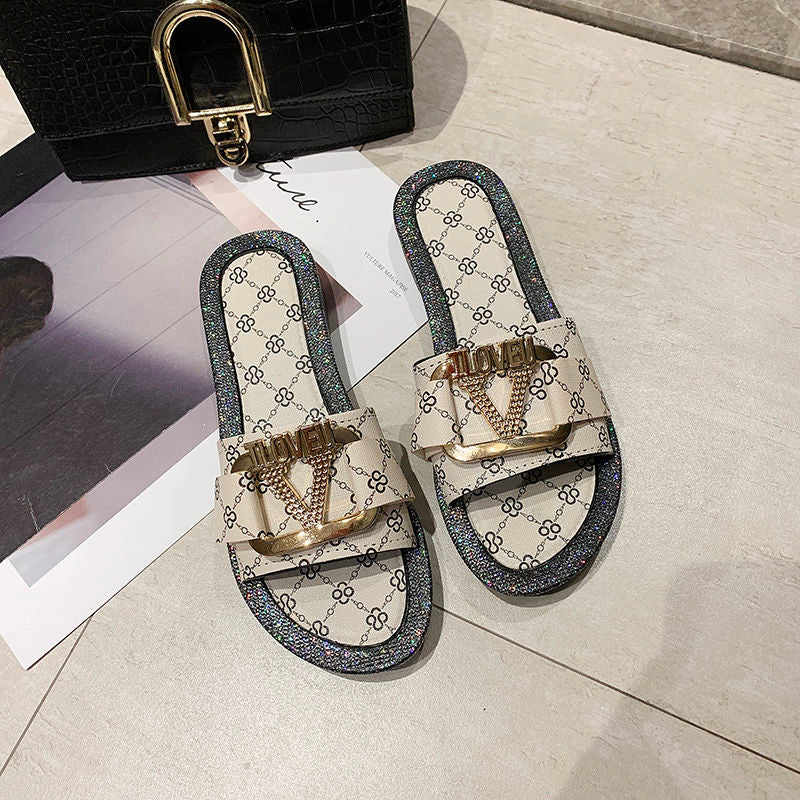 Women's Flat Flip Flop Sandals | Metal Letter Detail, 3 Colors