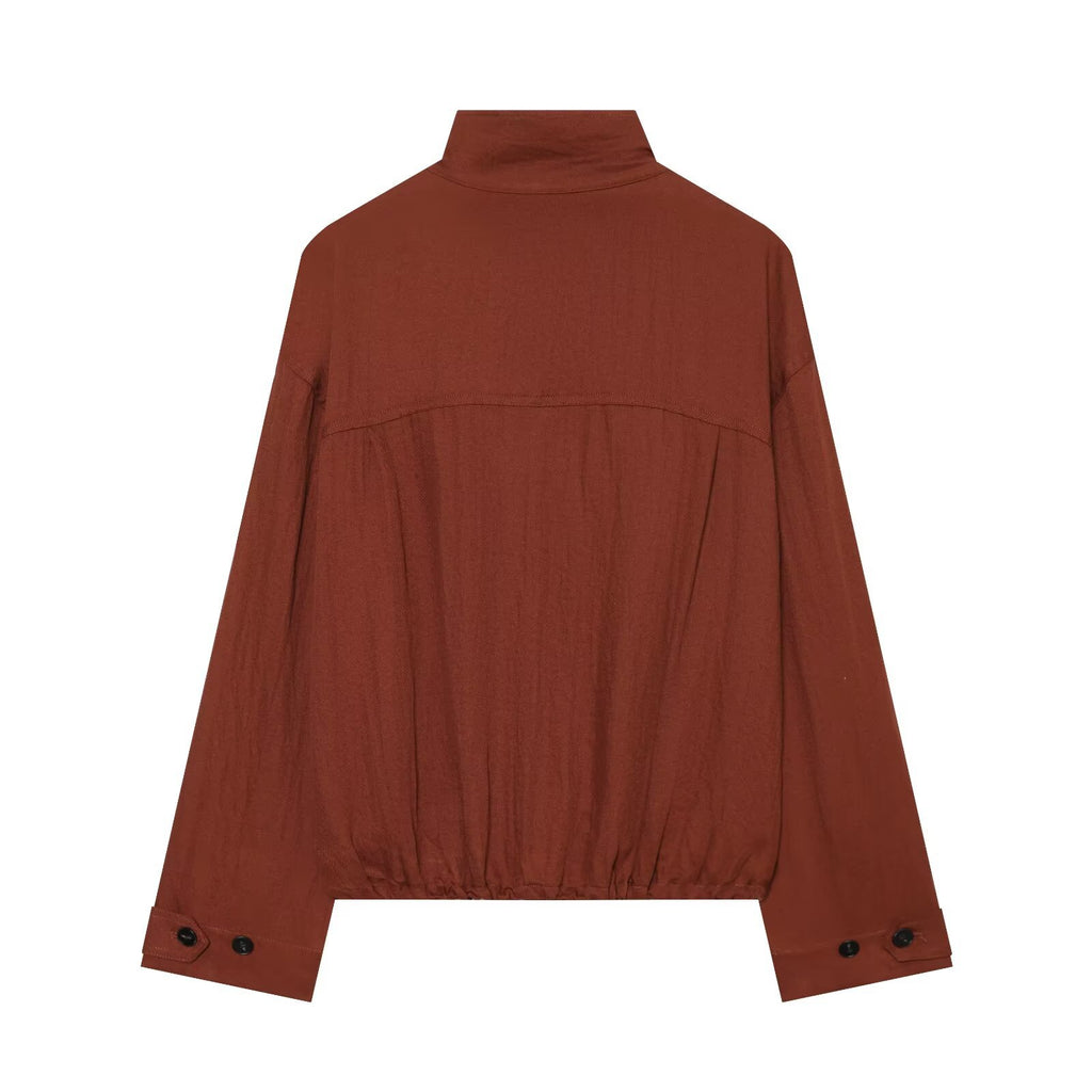 Women's Loose Stand Collar Zip Jacket | Pockets, Dark Red