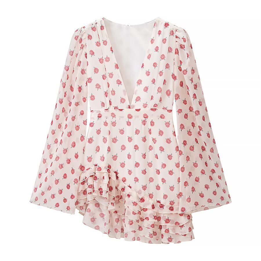 Women's Polka Dot V-Neck Mini Dress | Slim Fit, Long Sleeve, Pink