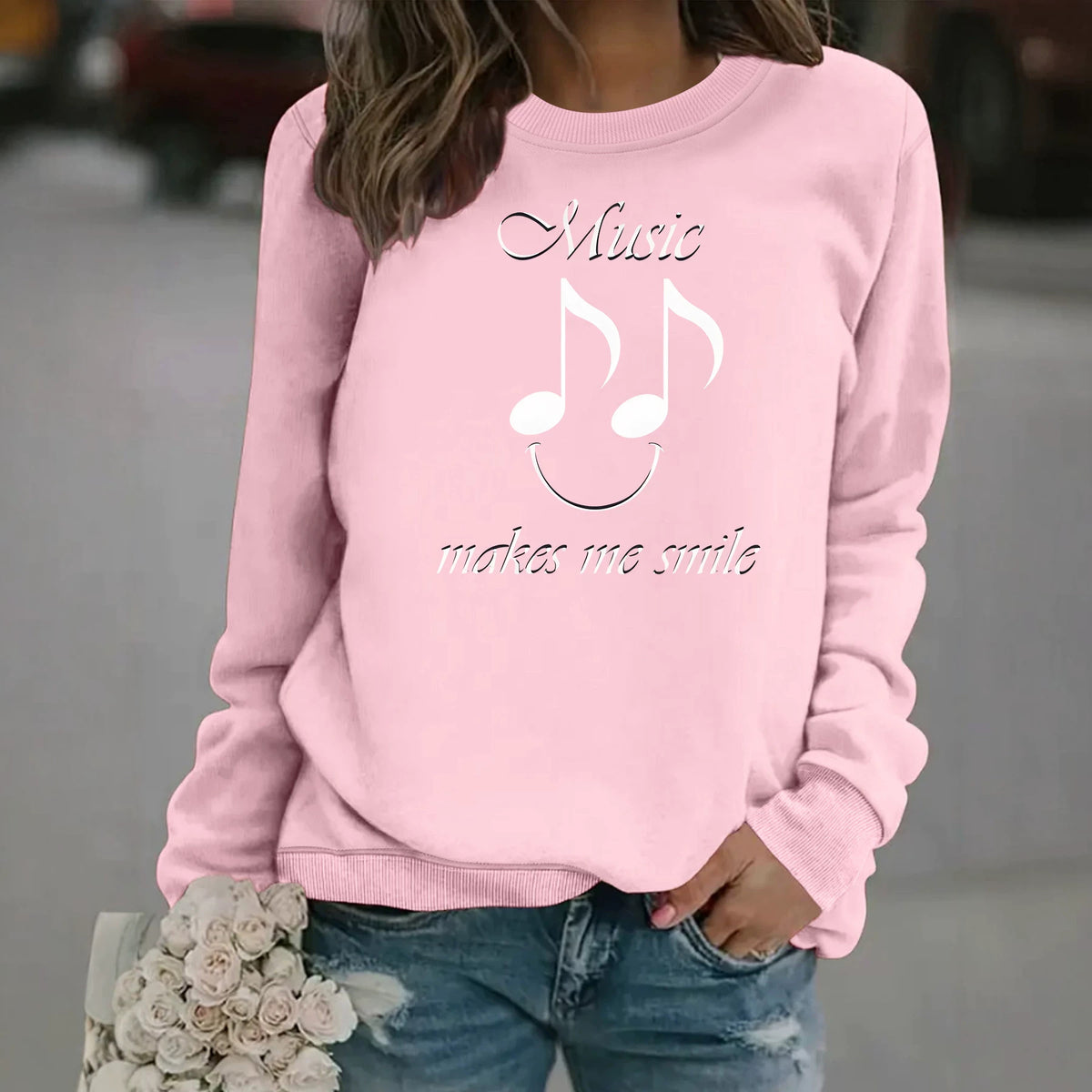 Women's Printed Fleece Hoodie | Round Neck, Loose Fit, 7 Colors - Pink