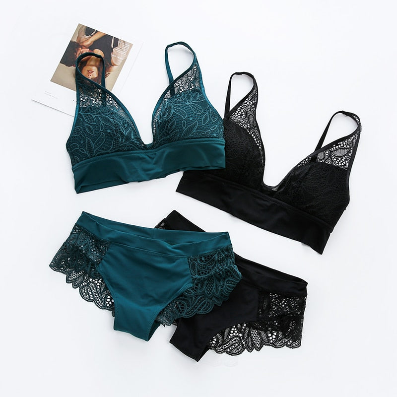 Women's Lace Wireless Bra & Brief Lingerie Set | Jacquard, 3 Colors